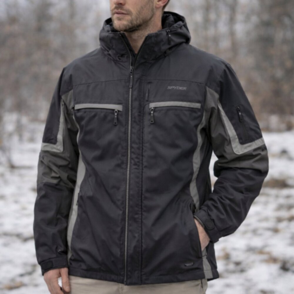 Spyder Men’s Ski Jacket Large Black & Gray Colorblock Hidden Hood Vintage Y2K